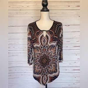 Dress Barn Brown Paisley Long Quarter Sleeve Blouse Shirt